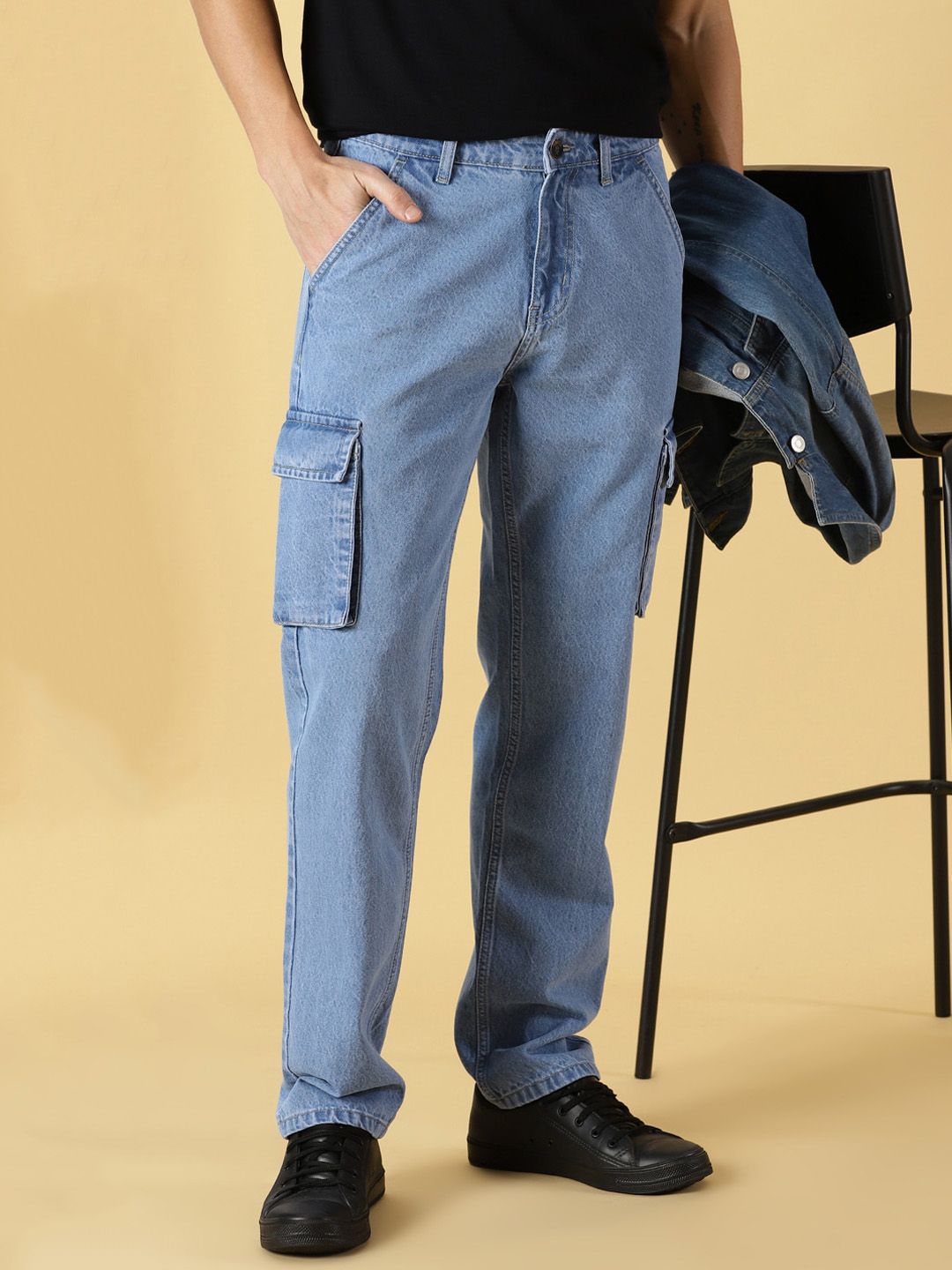 Light Blue Comfort Relaxed Fit Clean Look Pure Cotton Cargo Jeans For Men