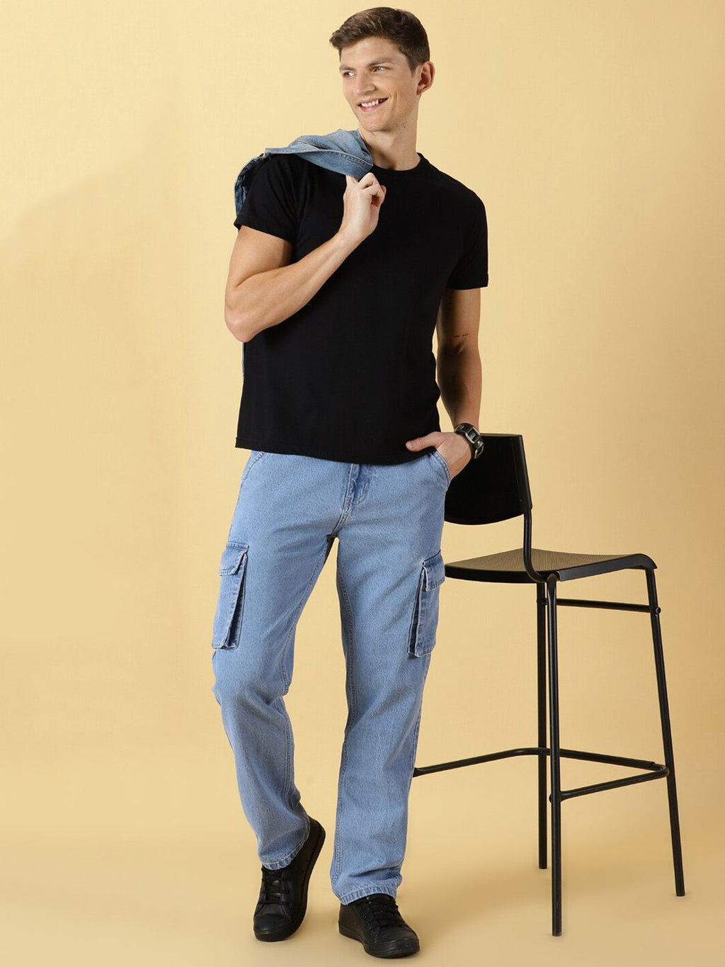 Light Blue Comfort Relaxed Fit Clean Look Pure Cotton Cargo Jeans For Men
