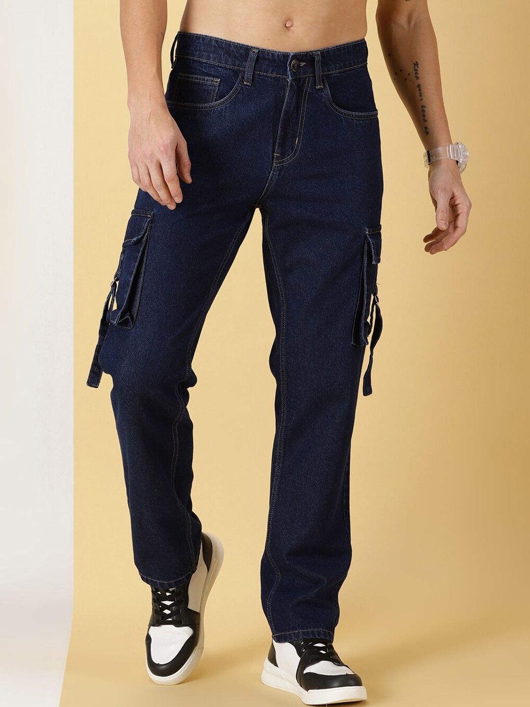 Dark Blue Comfort Relaxed Fit Clean Look Pure Cotton Cargo Jeans For Men