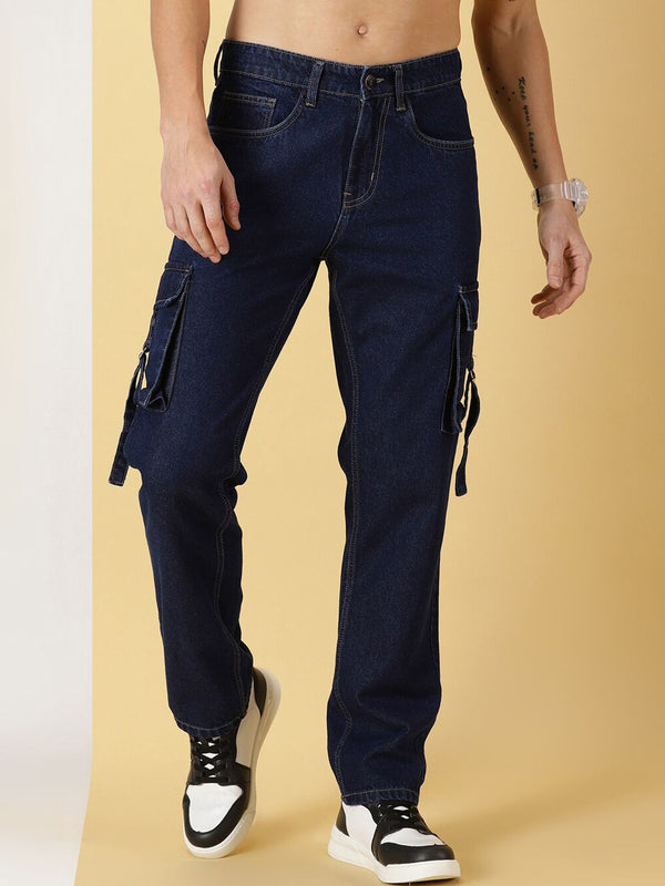 Dark Blue Comfort Relaxed Fit Clean Look Pure Cotton Cargo Jeans For Men