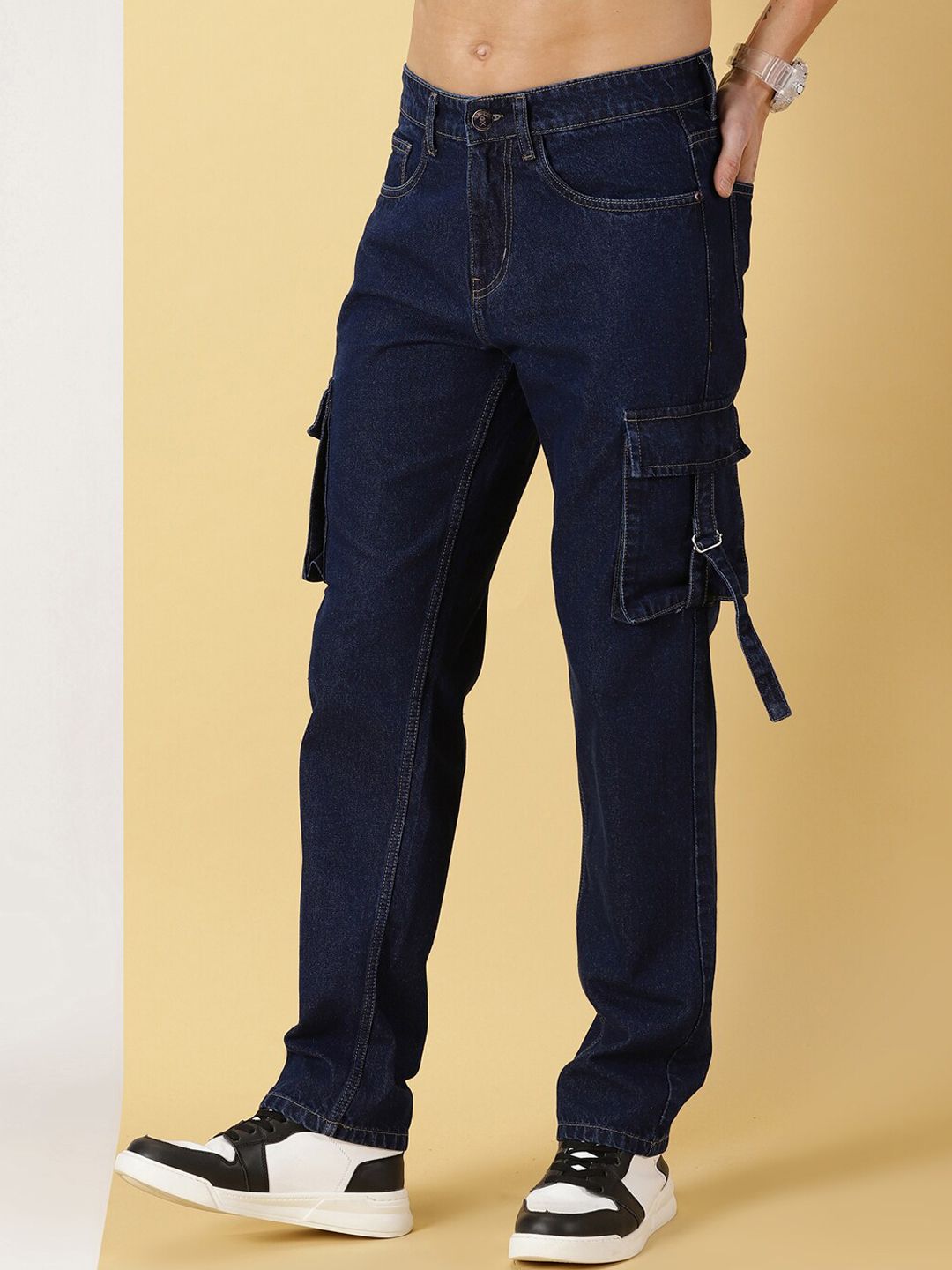 Dark Blue Comfort Relaxed Fit Clean Look Pure Cotton Cargo Jeans For Men