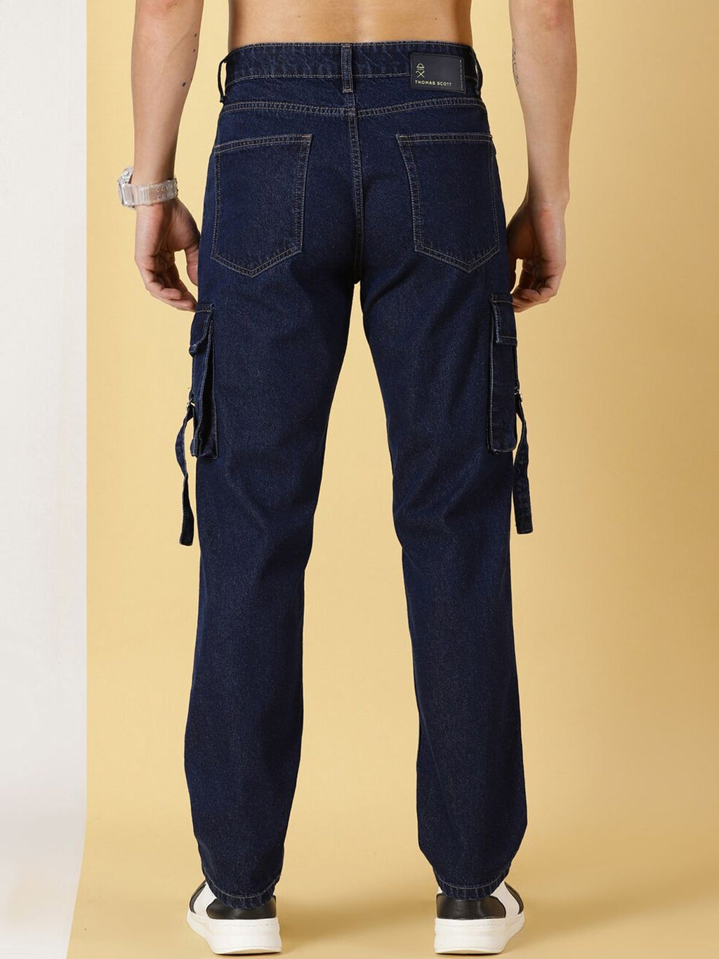Dark Blue Comfort Relaxed Fit Clean Look Pure Cotton Cargo Jeans For Men