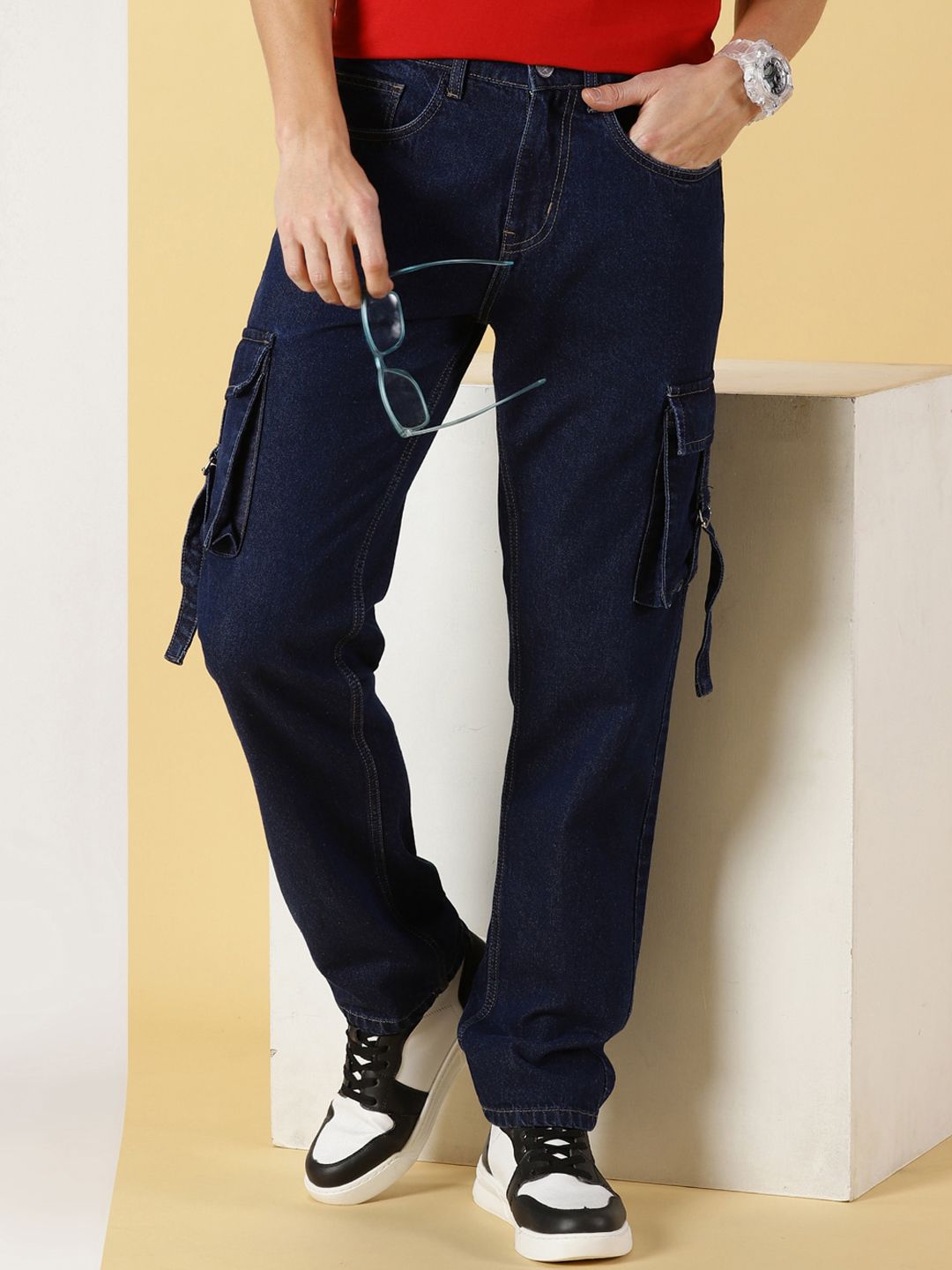 Dark Blue Comfort Relaxed Fit Clean Look Pure Cotton Cargo Jeans For Men