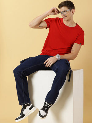 Dark Blue Comfort Relaxed Fit Clean Look Pure Cotton Cargo Jeans For Men