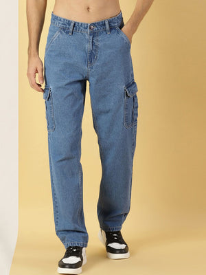 Thomas Scott Men Mid Rise Loose Relaxed Fit Clean Look Light Fade Cotton Jeans