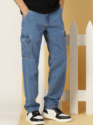 Thomas Scott Men Mid Rise Loose Relaxed Fit Clean Look Light Fade Cotton Jeans