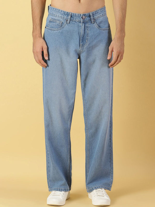 Light Blue Comfort Relaxed Fit Clean Look Light Fade Cotton Baggy Jeans For Men