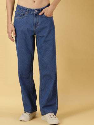 Mid Blue Mid Rise Comfort Relaxed Fit Clean Look Cotton Baggy Jeans For Men