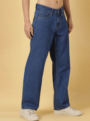 Mid Blue Mid Rise Comfort Relaxed Fit Clean Look Cotton Baggy Jeans For Men