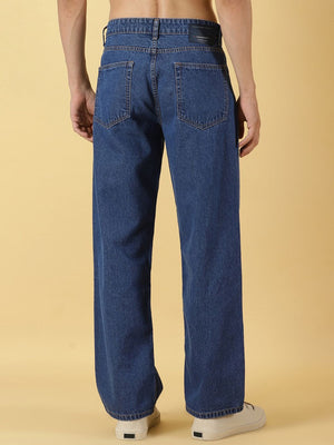 Mid Blue Mid Rise Comfort Relaxed Fit Clean Look Cotton Baggy Jeans For Men
