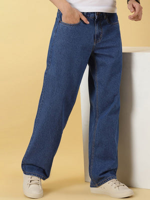 Mid Blue Mid Rise Comfort Relaxed Fit Clean Look Cotton Baggy Jeans For Men