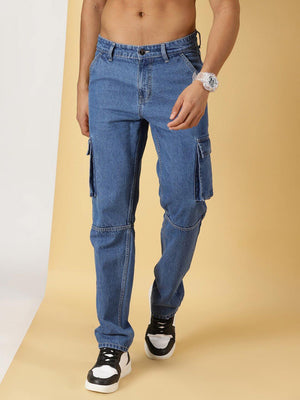Mid Blue Mid-Rise Smart Relaxed Fit Light Fade Cargo Style Pure Cotton Jeans For Men
