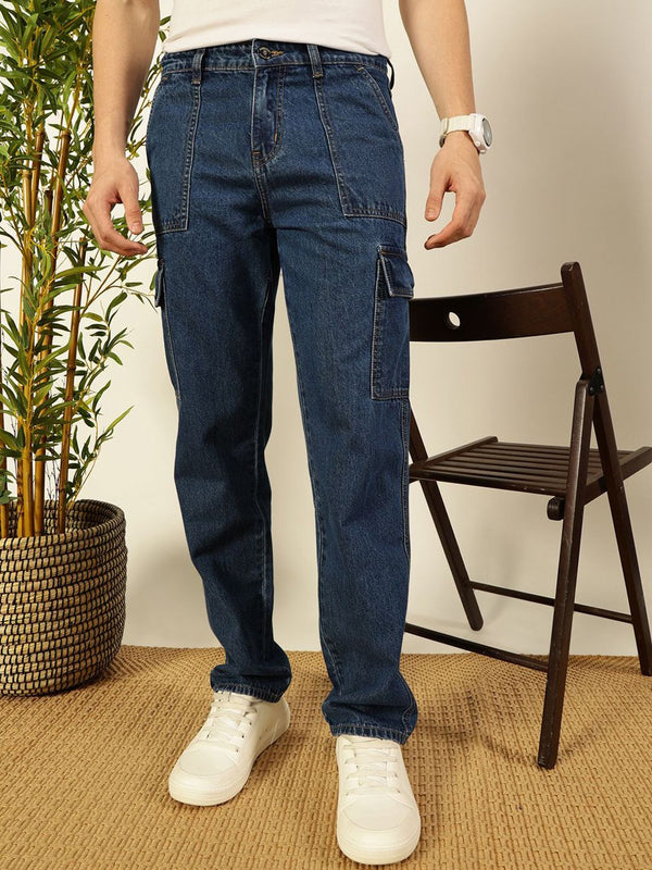 Blue Classic Relaxed Fit Cotton Cargo Jeans For Men