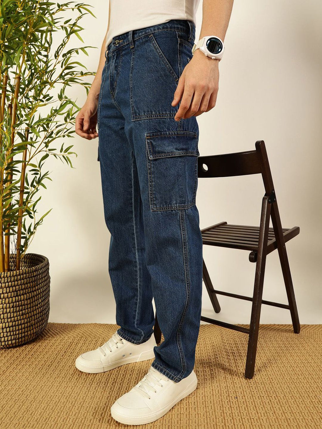 Blue Classic Relaxed Fit Cotton Cargo Jeans For Men