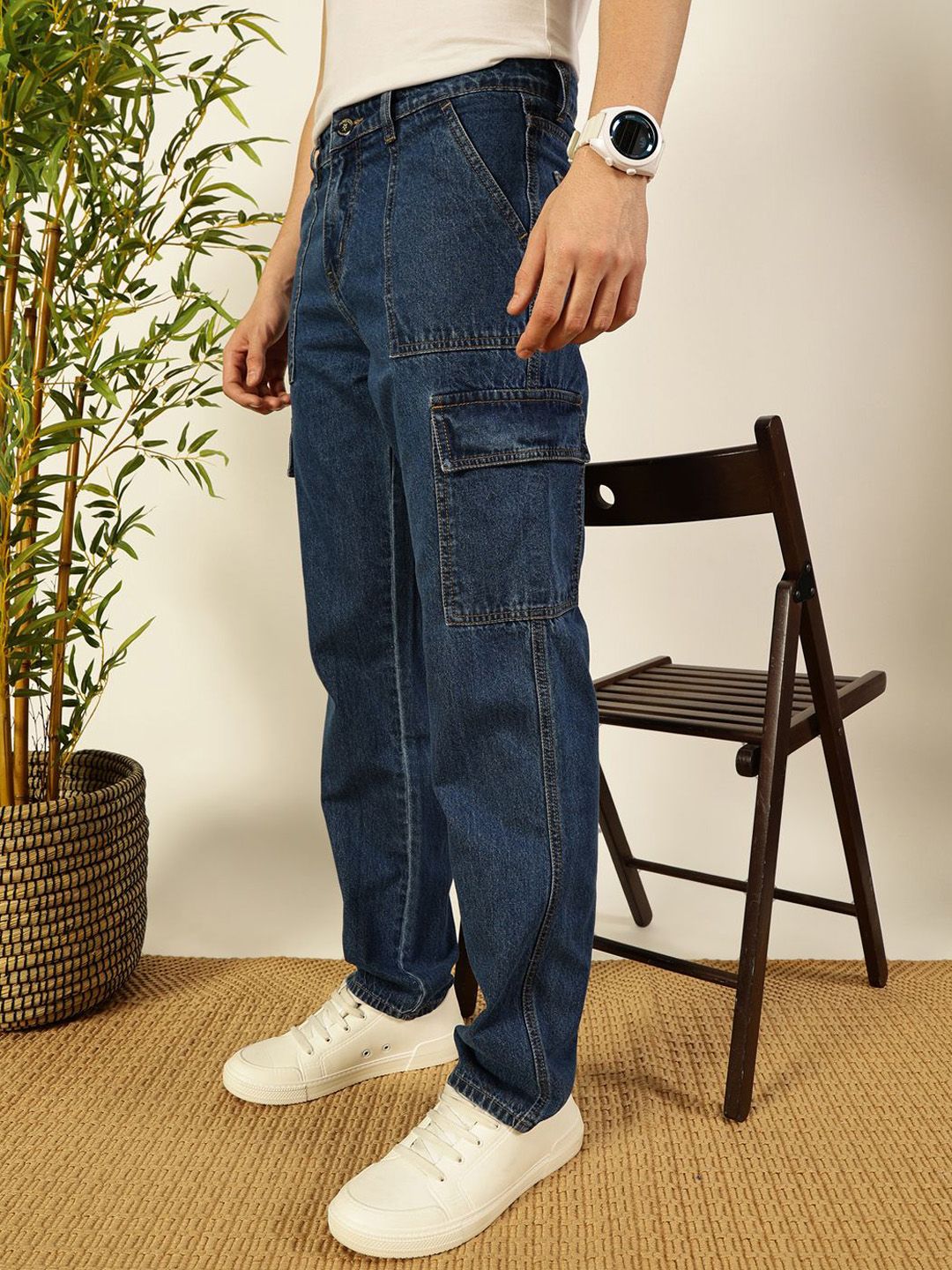 Blue Classic Relaxed Fit Cotton Cargo Jeans For Men