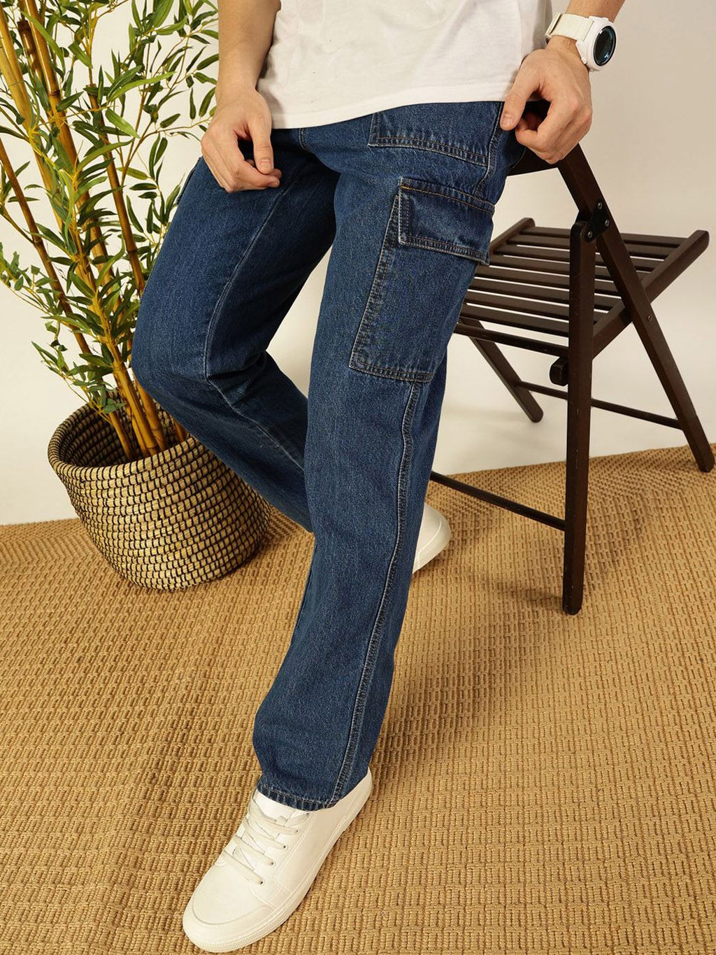 Blue Classic Relaxed Fit Cotton Cargo Jeans For Men