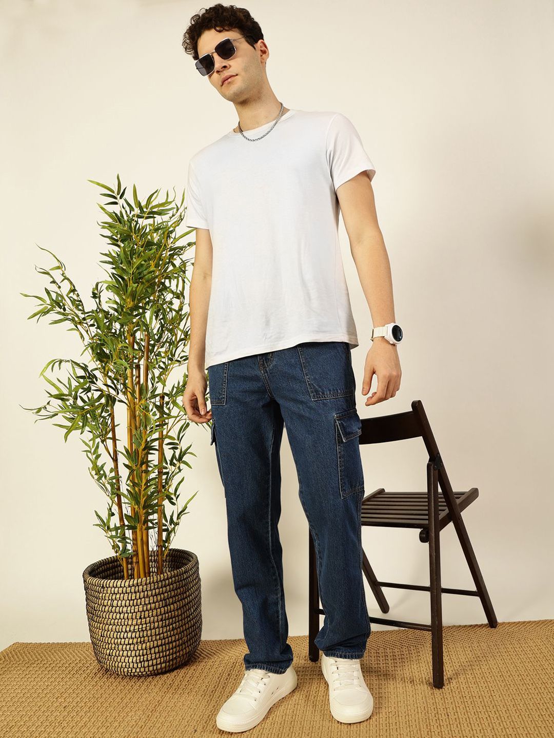 Blue Classic Relaxed Fit Cotton Cargo Jeans For Men