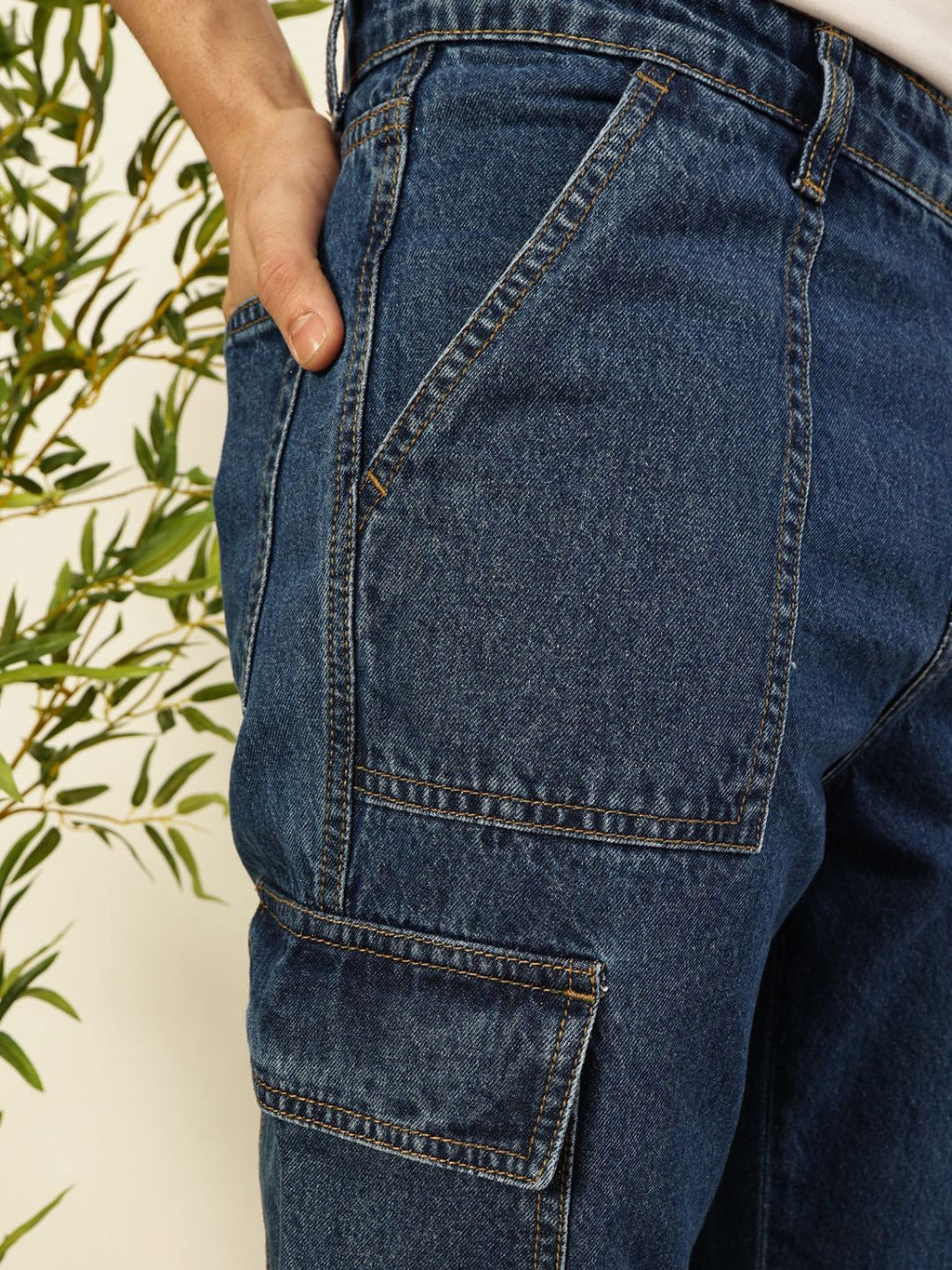 Blue Classic Relaxed Fit Cotton Cargo Jeans For Men