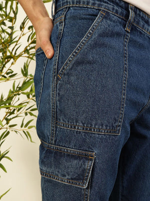 Blue Classic Relaxed Fit Cotton Cargo Jeans For Men