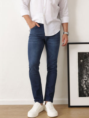 Dark Blue Skinny Fit Medium Shade Clean Look Stretchable Jeans For Men