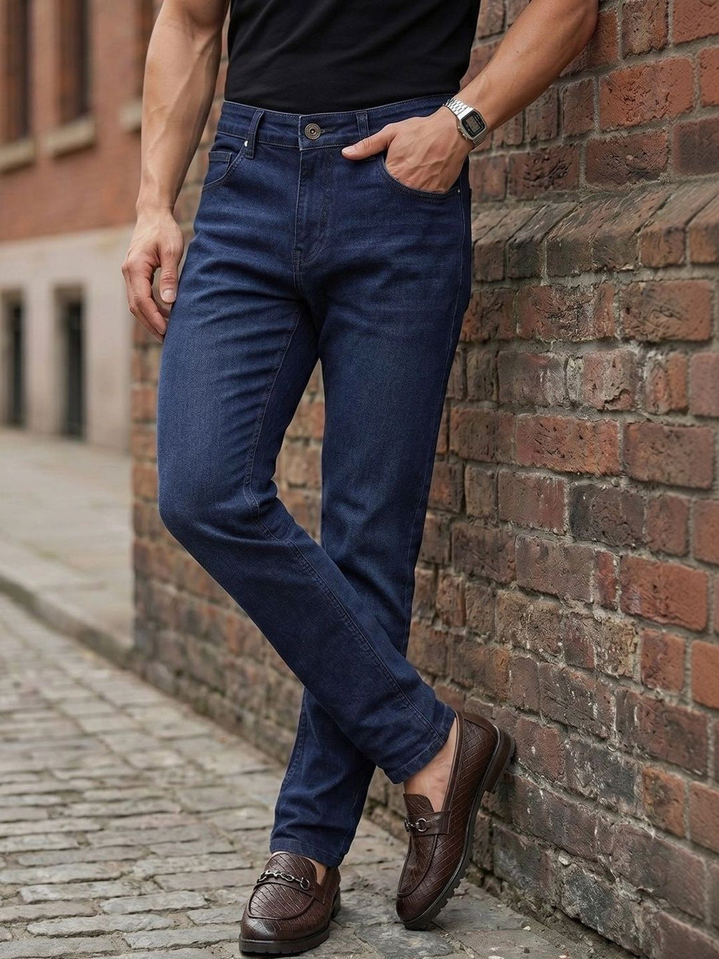Dark Blue Smart Slim Fit Mid-Rise Light Fade Clean Look Stretchable Jeans For Men