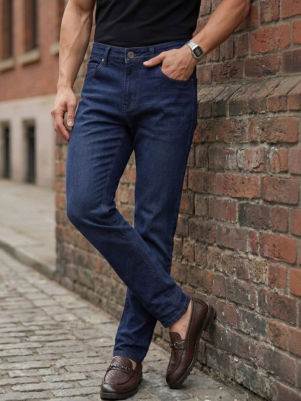 Dark Blue Smart Slim Fit Mid-Rise Light Fade Clean Look Stretchable Jeans For Men