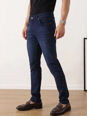 Dark Blue Smart Slim Fit Mid-Rise Light Fade Clean Look Stretchable Jeans For Men