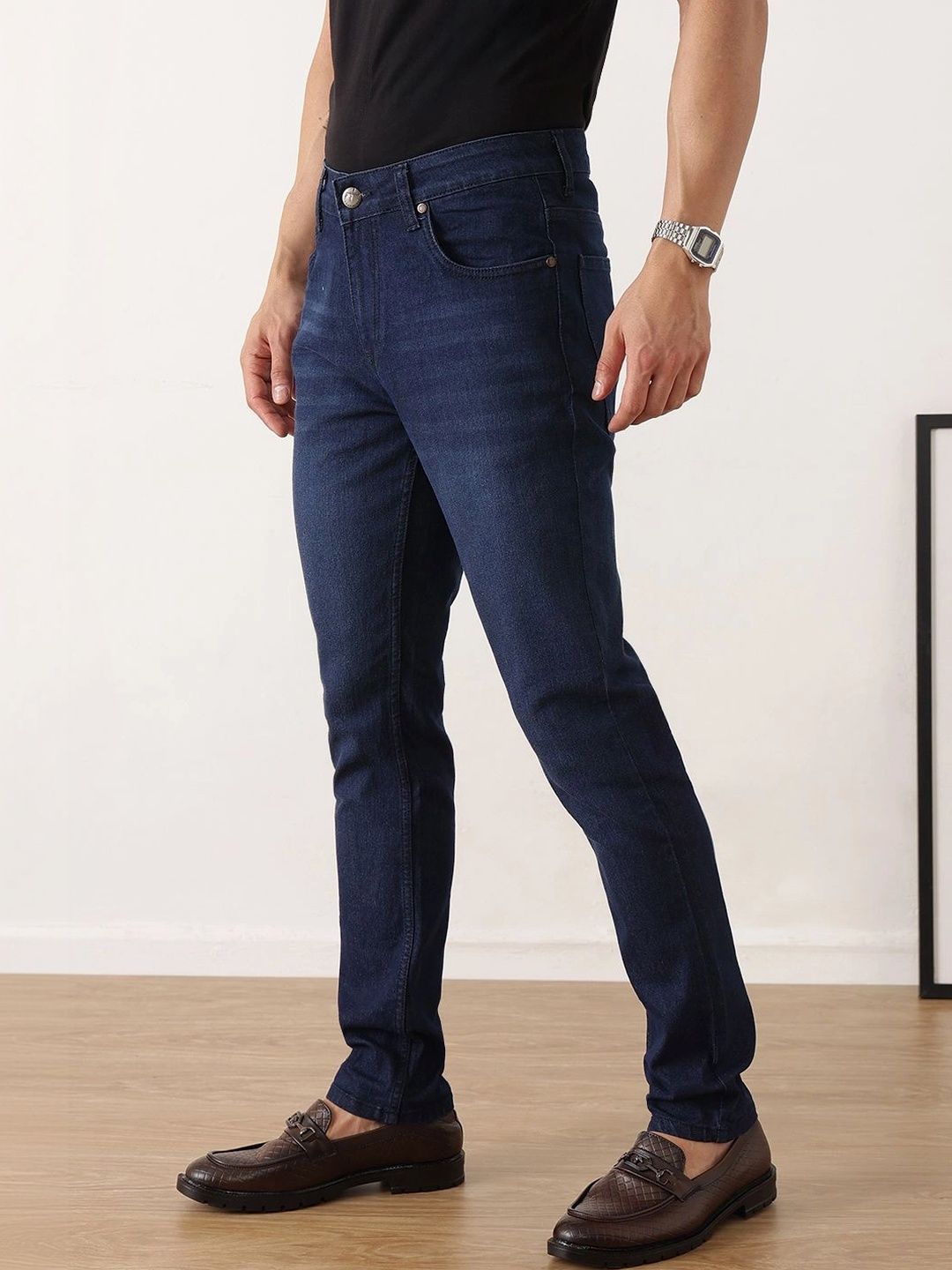 Dark Blue Smart Slim Fit Mid-Rise Light Fade Clean Look Stretchable Jeans For Men