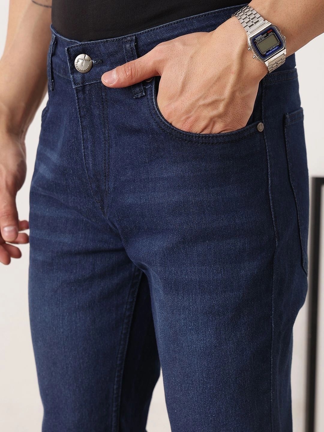 Dark Blue Smart Slim Fit Mid-Rise Light Fade Clean Look Stretchable Jeans For Men