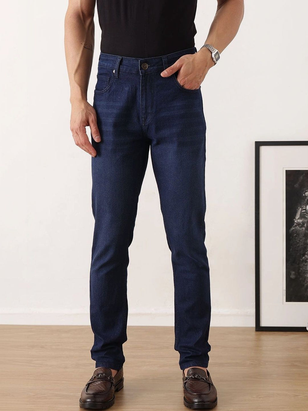 Dark Blue Smart Slim Fit Mid-Rise Light Fade Clean Look Stretchable Jeans For Men
