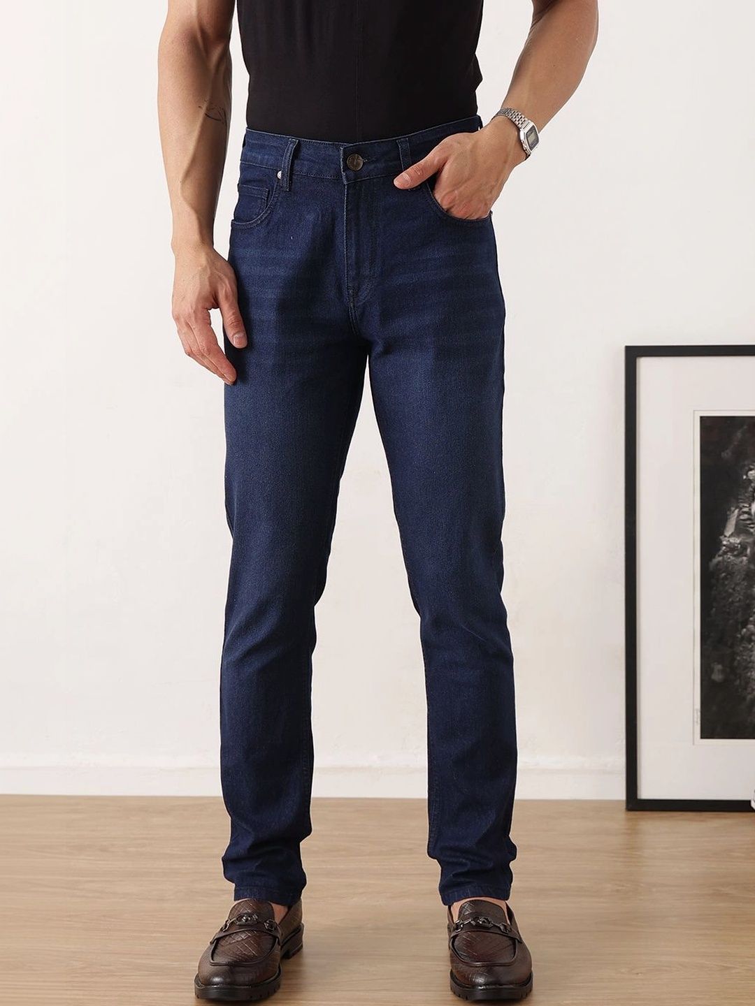 Dark Blue Smart Slim Fit Mid-Rise Light Fade Clean Look Stretchable Jeans For Men