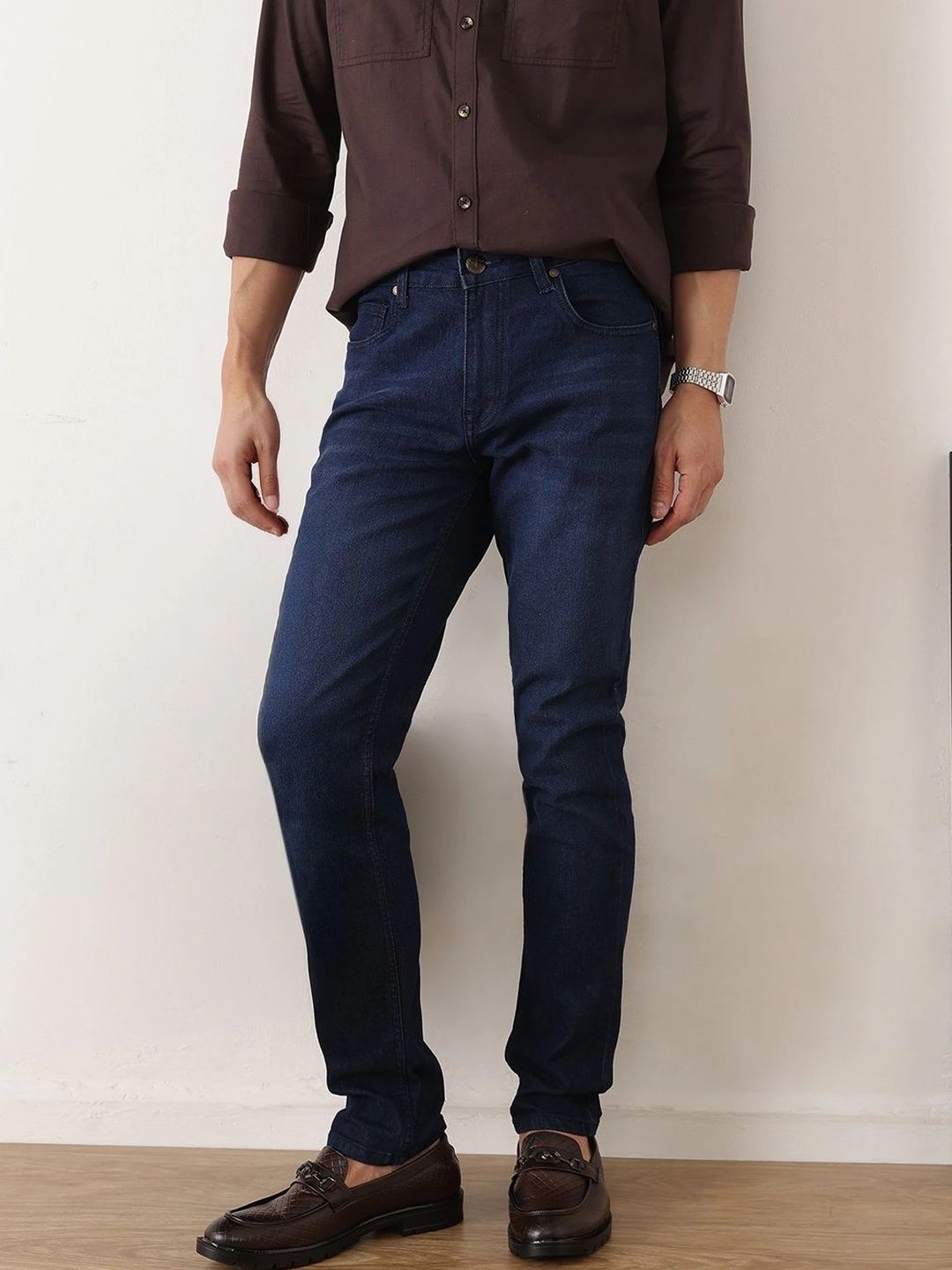 Dark Blue Smart Slim Fit Mid-Rise Light Fade Clean Look Stretchable Jeans For Men