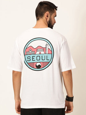 White Graphic Printed Bio Finish Pure Cotton Oversized Tshirt For Men