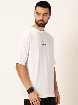 White Graphic Printed Bio Finish Pure Cotton Oversized Tshirt For Men