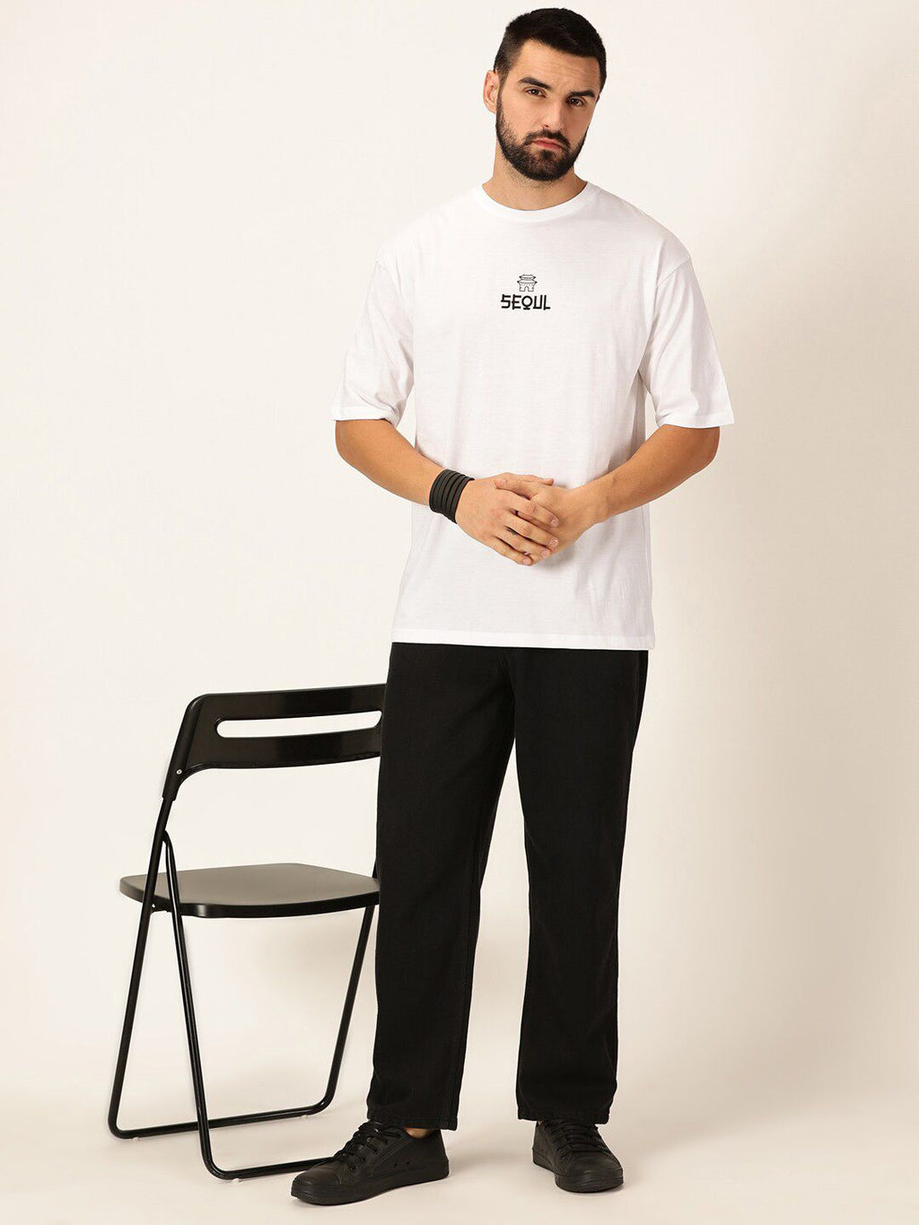 White Graphic Printed Bio Finish Pure Cotton Oversized Tshirt For Men