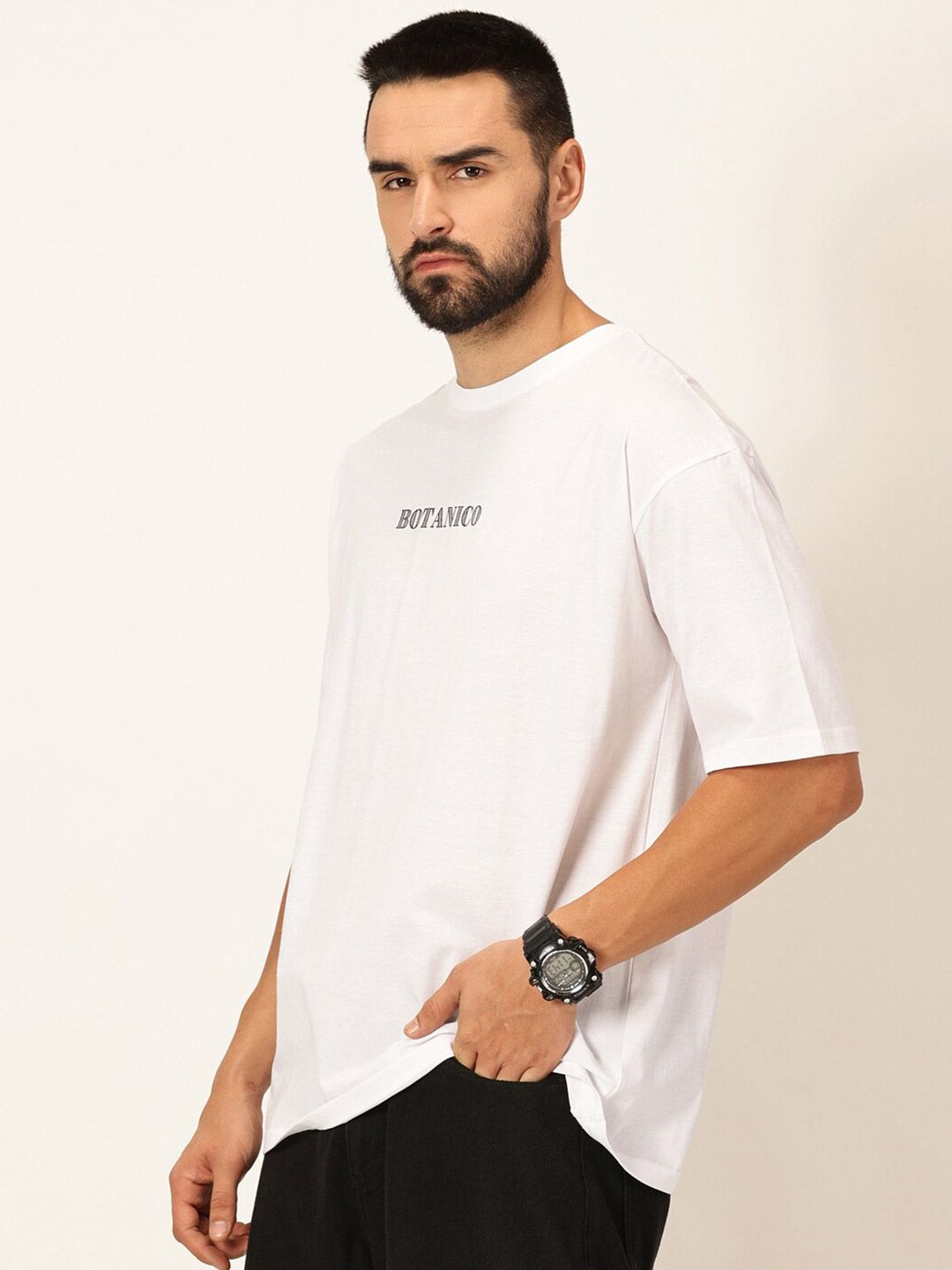 White Oversized Typography Printed Cotton Bio Finish Tshirt For Men