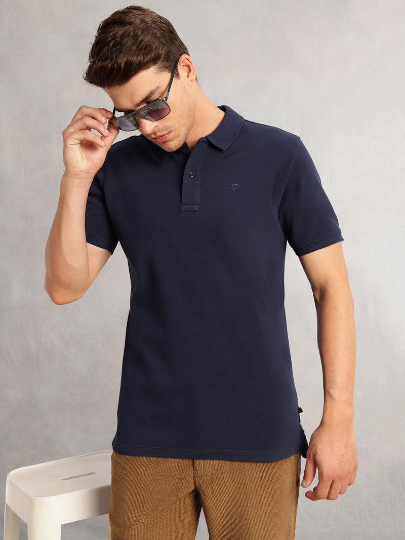 Thomas Scott Men Navy Blue Short Sleeves Regular Fit Solid 100% Cotton Polo Collar Knitted T-shirt