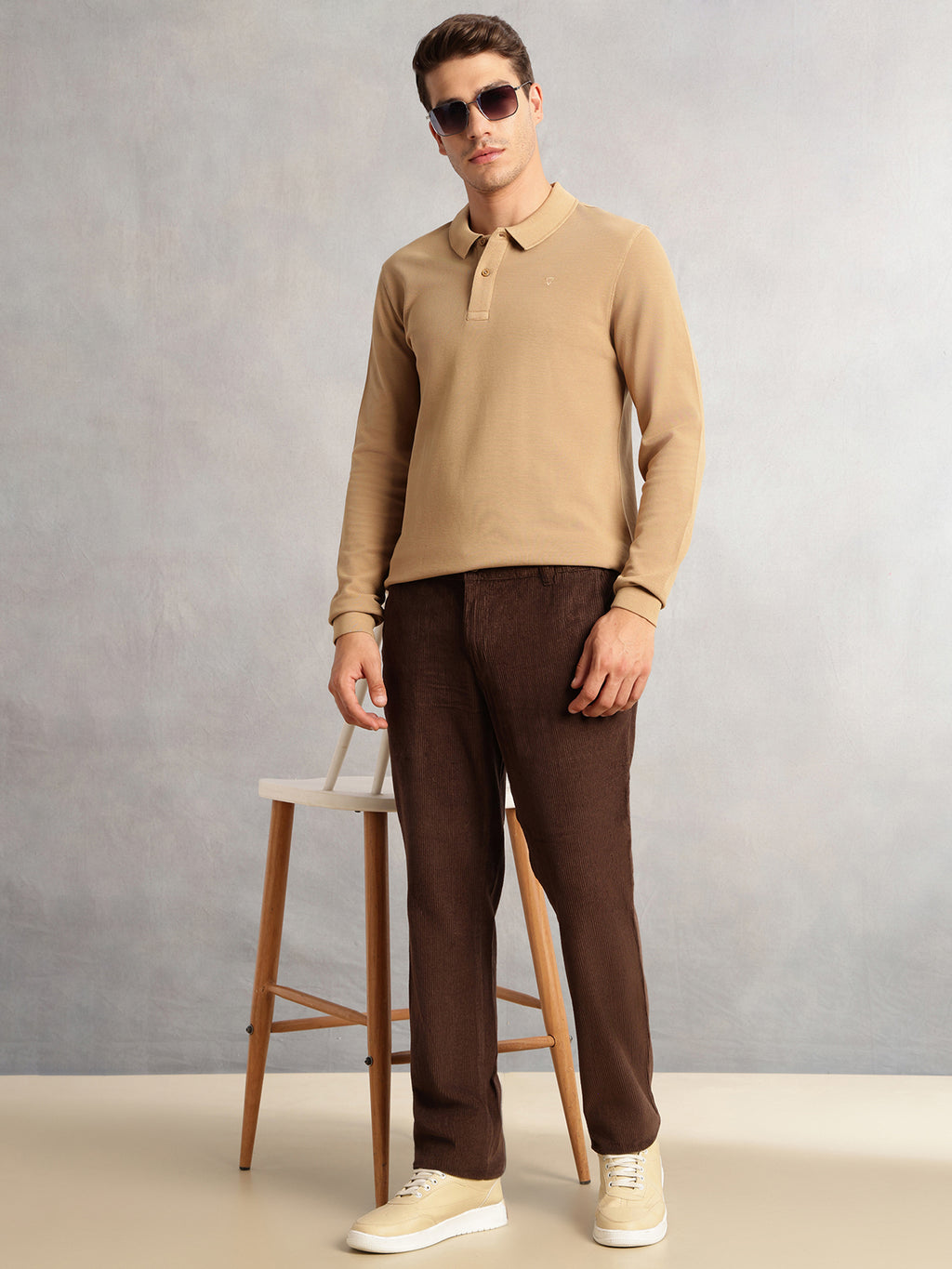 Thomas Scott Men Beige Regular Fit Solid Polo Collar Long Sleeve Pure Cotton Knitted T-shirt