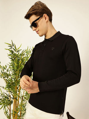 Black Regular Fit Long Sleeves Solid Tshirt For Men
