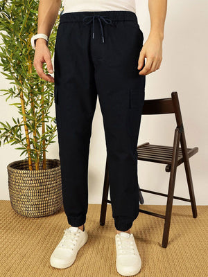 Navy Smart Slim Fit Cotton Woven Cargo Trouser For Men