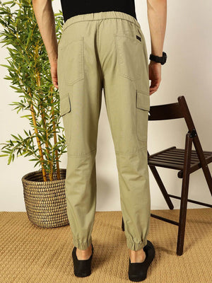 Olive Slim Fit Mid-Rise Solid 6 Pockets Woven Cargo Joggers For Men