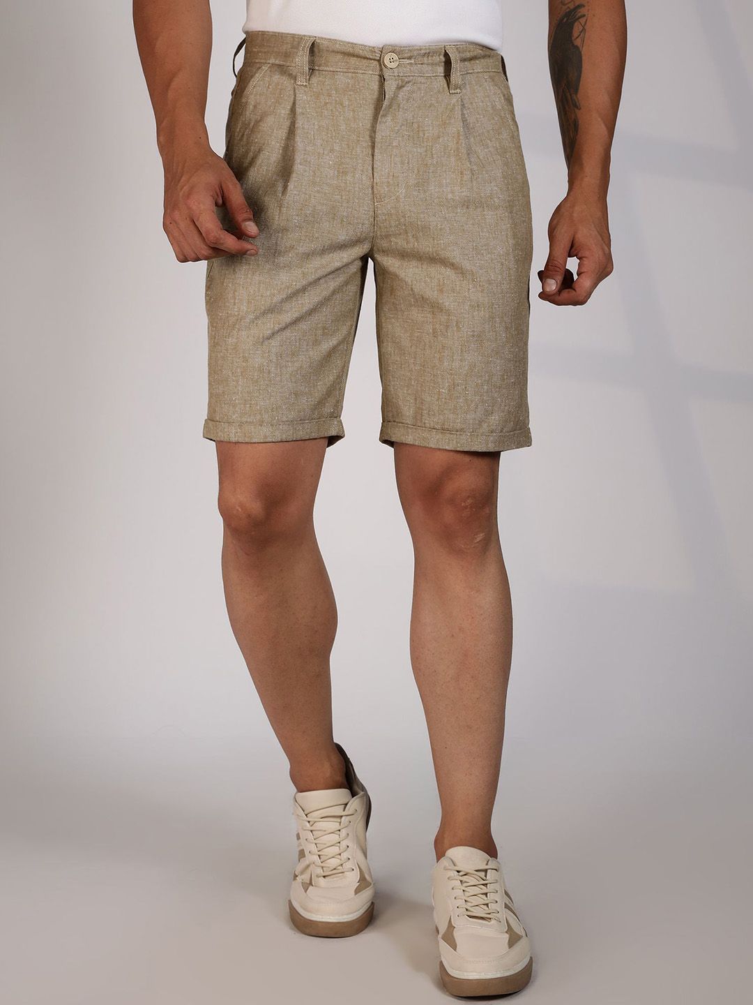 Beige Mid-Rise Regular Fit Woven Linen Chino Shorts For Men