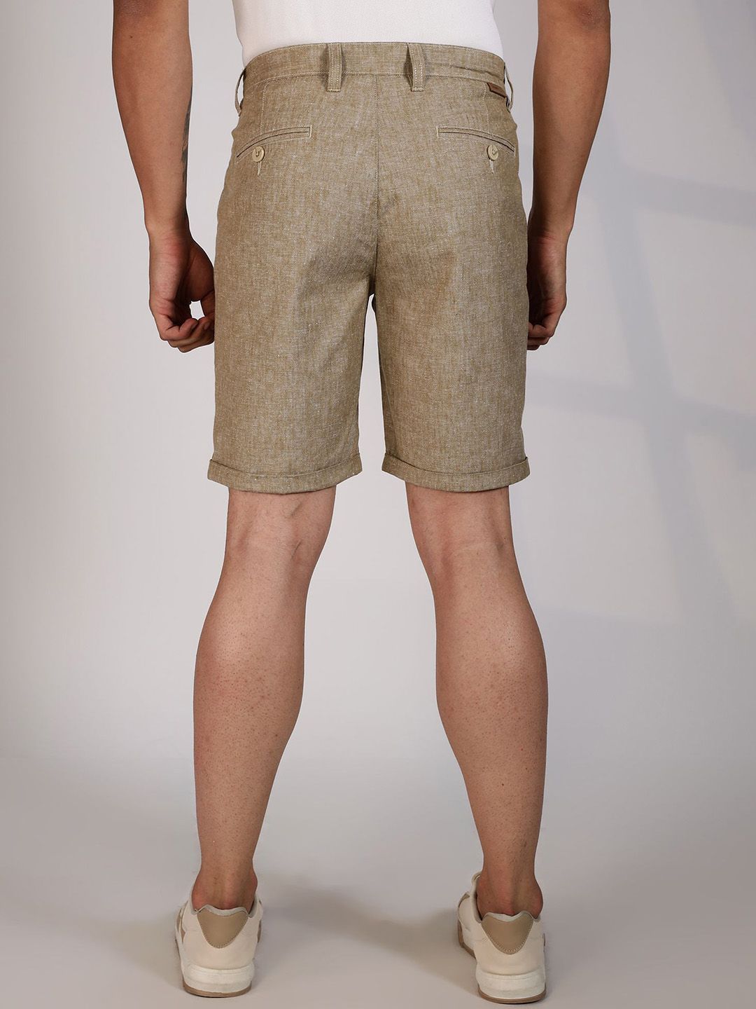 Beige Mid-Rise Regular Fit Woven Linen Chino Shorts For Men