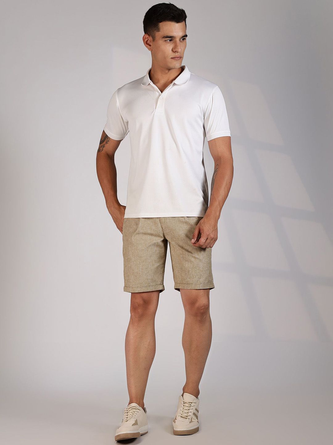 Beige Mid-Rise Regular Fit Woven Linen Chino Shorts For Men