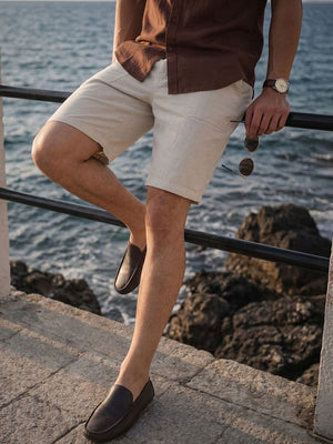 Beige Regular Fit Mid-Rise Solid Woven Cotton Linen Shorts For Men