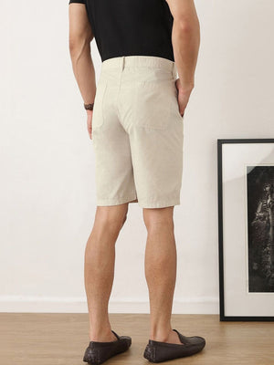 Beige Regular Fit Mid-Rise Solid Woven Cotton Linen Shorts For Men