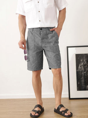 Black Regular Fit Mid-Rise Solid Woven Cotton Linen Shorts For Men