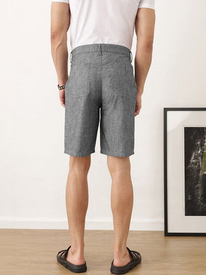 Black Regular Fit Mid-Rise Solid Woven Cotton Linen Shorts For Men