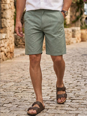 Green Regular Fit Mid-Rise Solid Woven Cotton Linen Shorts For Men