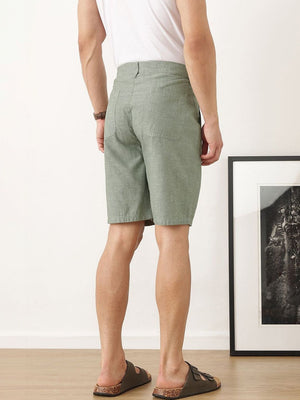 Green Regular Fit Mid-Rise Solid Woven Cotton Linen Shorts For Men